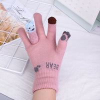 Touchscreen Double-Layer Plush Knit Gloves with Cartoon Bear/Deer Pattern for Women