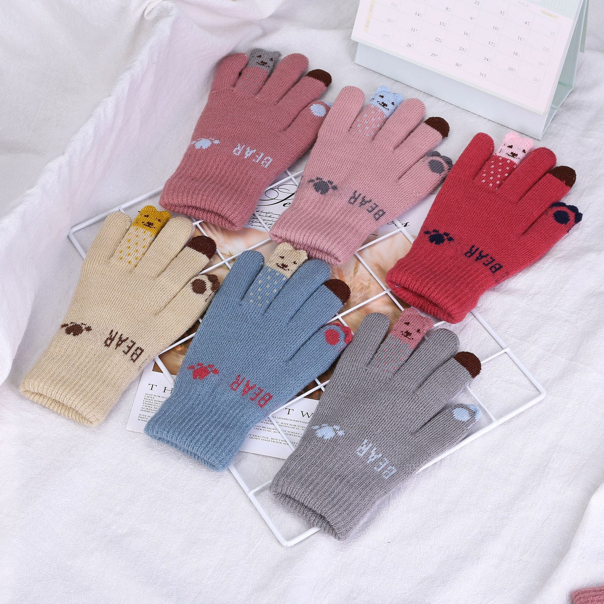 Touchscreen Double-Layer Plush Knit Gloves with Cartoon Bear/Deer Pattern for Women