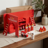 Wooden Fire Station Set Painted Fire Assist Toy Scene Bright Red Firefighter Figure Set for Kids
