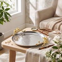 Round Tray with Floral Accents Gold-Toned Round Serving Tray Textured for Home Stylists, Hosts, Coffee Table, Vanity