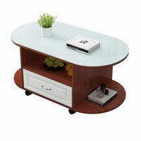 Oval Coffee Table with Drawer Mobile Design Living Room Furniture Space-Saving