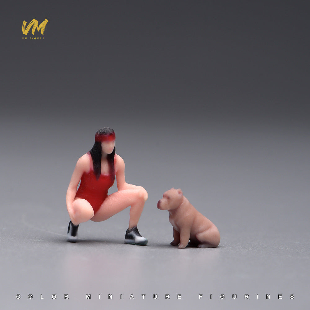 VM 1:64微缩蹲姿运动女性人偶宠物小狗 户外生活场景小人动物模型