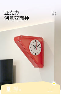 墙面免打孔三角红色双面钟艺术亚克力磨砂静音挂钟转角客厅装饰