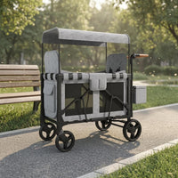 2 Seat Pushcart Wagon Full-Length Canopy Foldable Pushcart Wagon Swivel Wheels