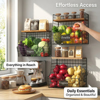 Kitchen Storage Hanging Basket with Wooden Lids for Vegetable Wall or Countertop Wire Rack, Foldable Design for Home