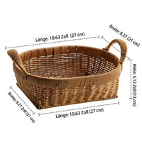 Oval storage basket, rattan look plastic basket with handles, medium fruit basket for kitchen & office, snack basket