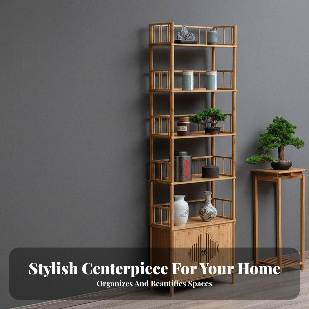 Chinese design aesthetic Design Asymmetrical Curio Cabinet Floor-Standing bookshelf Multi-Tier design Storage Furniture Minimalist Aesthetic for Tea aficionados, Book Lovers, Collectors, Living Room, Home Office, Bedroom, Playroom