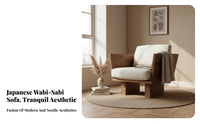 Wabi-Sabi Design Upholstered Wood Frame Sofa Japanese aesthetic 3-Seater Upholstered Settee Minimalist Aesthetic Couch Space-Saving for Apartment Dwellers, Homeowners, Guesthouse managers, Hotel Lobby, Lounge Area, Office, Bedroom