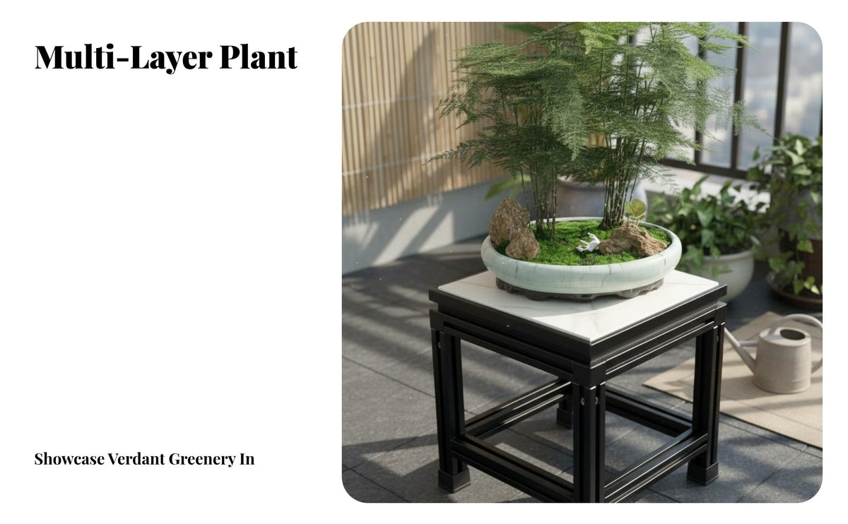 3 Pieces Aluminum Alloy Frame Bonsai Display Table Chinese Design Heavy Duty Plant Riser Sturdy Construction Pedestal Plant Holder High Load Capacity for Outdoor, Indoor, Balcony, Living Room