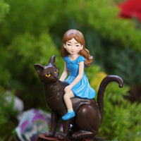 Black Cat and Girl Statue Micro Landscape Decor Girl Riding Cat Figurine