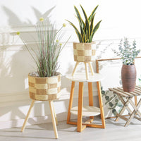 Woven Planter Stand Materials Rattan Basket Plant Holder Solid Wood Legs Tripod Plant Stand for Living Room