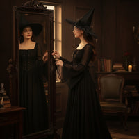 Halloween Witch Costume with Hat Black Witch Costume Corset-Style Gothic Dress transparentSleeved for Women, Cosplay