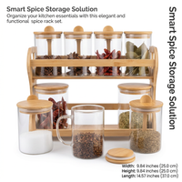Bamboo Spice Rack with Glass Jars, Kitchen Countertop Organizer, Modern Minimalist Seasoning Holder, Tabletop Storage Rack No Drill