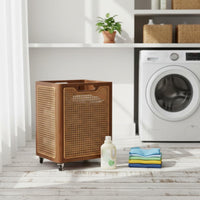 Solid Wood Laundry Basket Large Capacity Rattan Laundry Hamper on Wheels