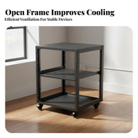 1 Piece 19-inch Network Rack Equipment Stand Rolling Casters Steel Open-frame Adjustable Shelf Locking Suitable for DIY Workspaces Professional Studios