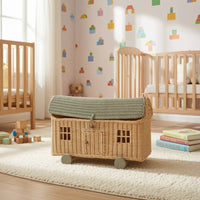 House Basket with Wheels Handwoven Rattan Storage Wagon Wheeled Rolling Storage Basket for Young Children, Parents, Playroom, Nursery, Photo Setting