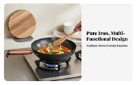 Uncoated Iron Pan Long-Lasting Traditional Iron Wok Hand Crafted Cooking Pan Works on All Stovetops 24cm Small Wok Anti-Scald