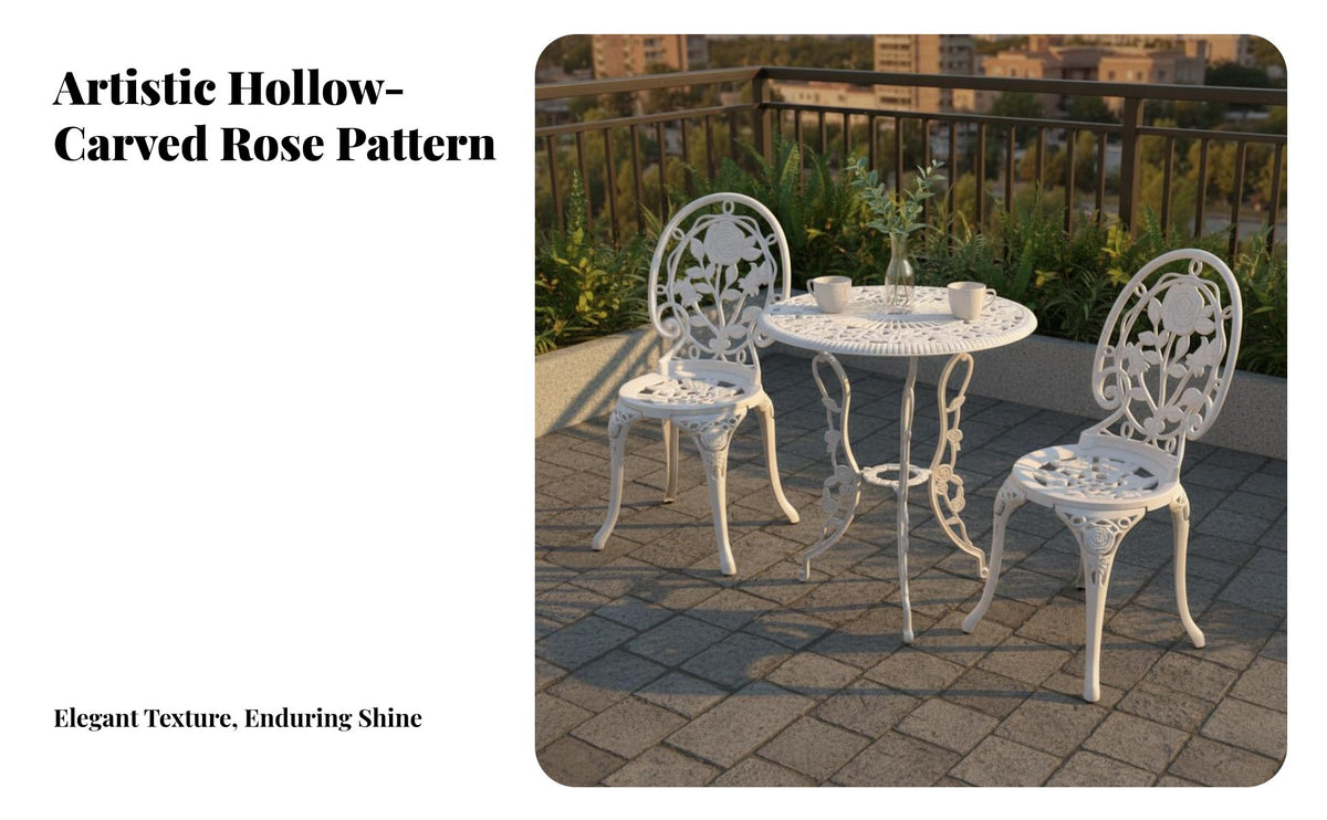 3 Pieces Rust-Proof Ornate 3-Piece Patio Set Weather-Resistant Scrolled Cast-Design Cafe Ensemble Elegant Design Outdoor Furniture Sturdy Construction for Cafe Owners, Gardeners, Homeowners, Garden, Courtyard, Balcony, Porch