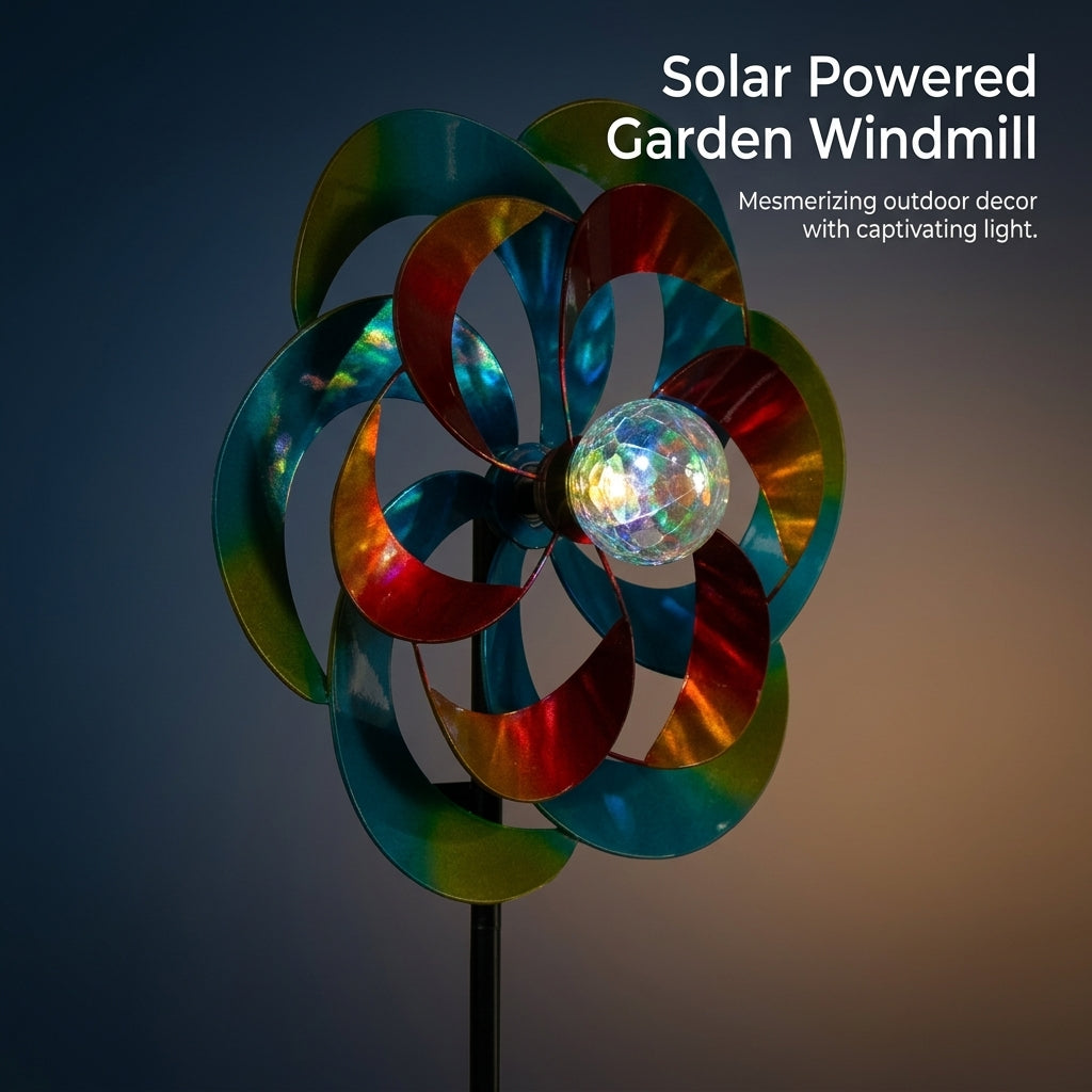Garden Decorations Outdoor Metal Windmill Stake, Solar Lights Ornaments with Crackle Glass Globe, Wind Spinner for Yard