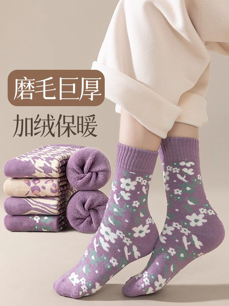 厚袜子女秋冬加绒加厚保暖中筒袜冬季日系女士毛巾睡眠月子长筒袜