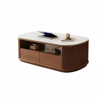 Round Coffee Table with Drum Storage Extendable Design Fluted Nesting Table Set Easy to Clean Central-Era Modern Design