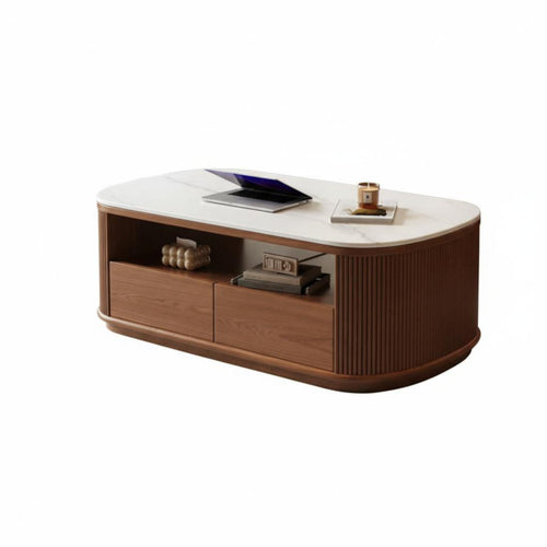 Round Coffee Table with Drum Storage Extendable Design Fluted Nesting Table Set Easy to Clean Central-Era Modern Design