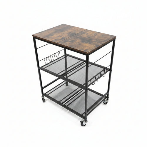 3-Tier Kitchen Cart Hanging Hooks Rolling Kitchen Cart