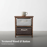 Narrow Bedside Storage Cabinet Woven Baskets Solid Wood Frame Drawer Unit Rope Handles Nightstand End Table for Bedroom, Hallway