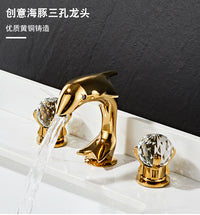American-Style Three-Hole Basin Faucet, Brass, Gold Finish, Dolphin Design