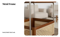 Dual-Level Rattan Trolley Vintage Aesthetic Mobile Side Table Woven Shelves Space-Saving for Hosts, Living Room, Bedroom