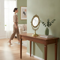 Vintage Brass Mirror with Pedestal Base Ornate Oval Vanity Mirror with Stand Gold-Toned Adjustable for Dressing Table, Bedroom