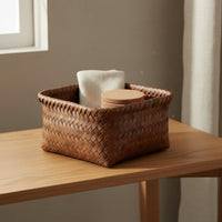 Rattan Design Storage Basket with Lid Stackable Design for Bedroom, Living Room