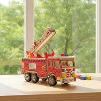Wooden Fire Truck Wooden Fire Engine Realistic Toy for Desk, Shelf