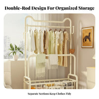 Large Capacity Rolling Clothes Rack with Wheels Stable & Sturdy Rolling Clothes Rack Space Saving Double Rod Garment Stand with Basket Easy Assembly for Homeowners, Families, Bedroom, Laundry Room, Entryway, Walk-in Closet