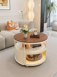 Cream Style Round Marble-Effect Mobile Coffee Table with Storage