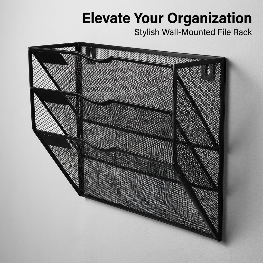 3-Tier Metal Mesh Desk Storage Organizer, Wall Mounted File Holder for Office Home, Vertical Magazine Rack Document for Students