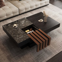 Sliding Surface Coffee Table Marble-Textured Coffee Table with Storage Rectangular for Living Room