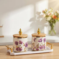 3 Pieces Ceramic Tea Canister Wood Lid Cookie Jar Farmhouse Design