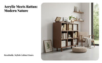 Walnut Finish Accent Cabinet Multipurpose Low Profile Console Cabinet Sturdy Wood Rattan Sideboard with Flip-up Doors Suitable for Dining Room Kitchen Entryway