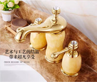 European-Style Three-Hole Basin Faucet with Natural Jade, Brass, Antique Finish