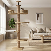 Cat Climbing Frame Activity Center with Scratching Posts, Solid Wood Multi Level Tree Indoor for Large Cat, 7 Perches, Hammock & Space Capsule