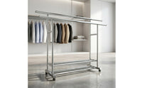 Metal Double Rod Garment Rack with Wheels Mobile Freestanding Clothes Rack with Shoe Storage Portable Furniture Space-Saving for Balcony