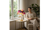 Decorative Rose Petal Lamp Ambient Table Lamp with Flower Shade Romantic Floral Desk Light Gold-Tone for Bedroom, Living Room, Wedding