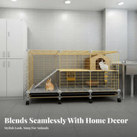 Easy-Clean Tray Indoor Rabbit Enclosure Accessible Able Roof 2-Tier Bunny Hutch Movable Wheels 2-Story Rabbit Hutch DIY Assembly for Families with Pets, Home, Living Room