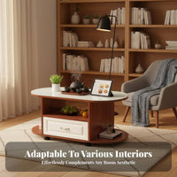 Oval Coffee Table with Drawer Mobile Design Living Room Furniture Space-Saving