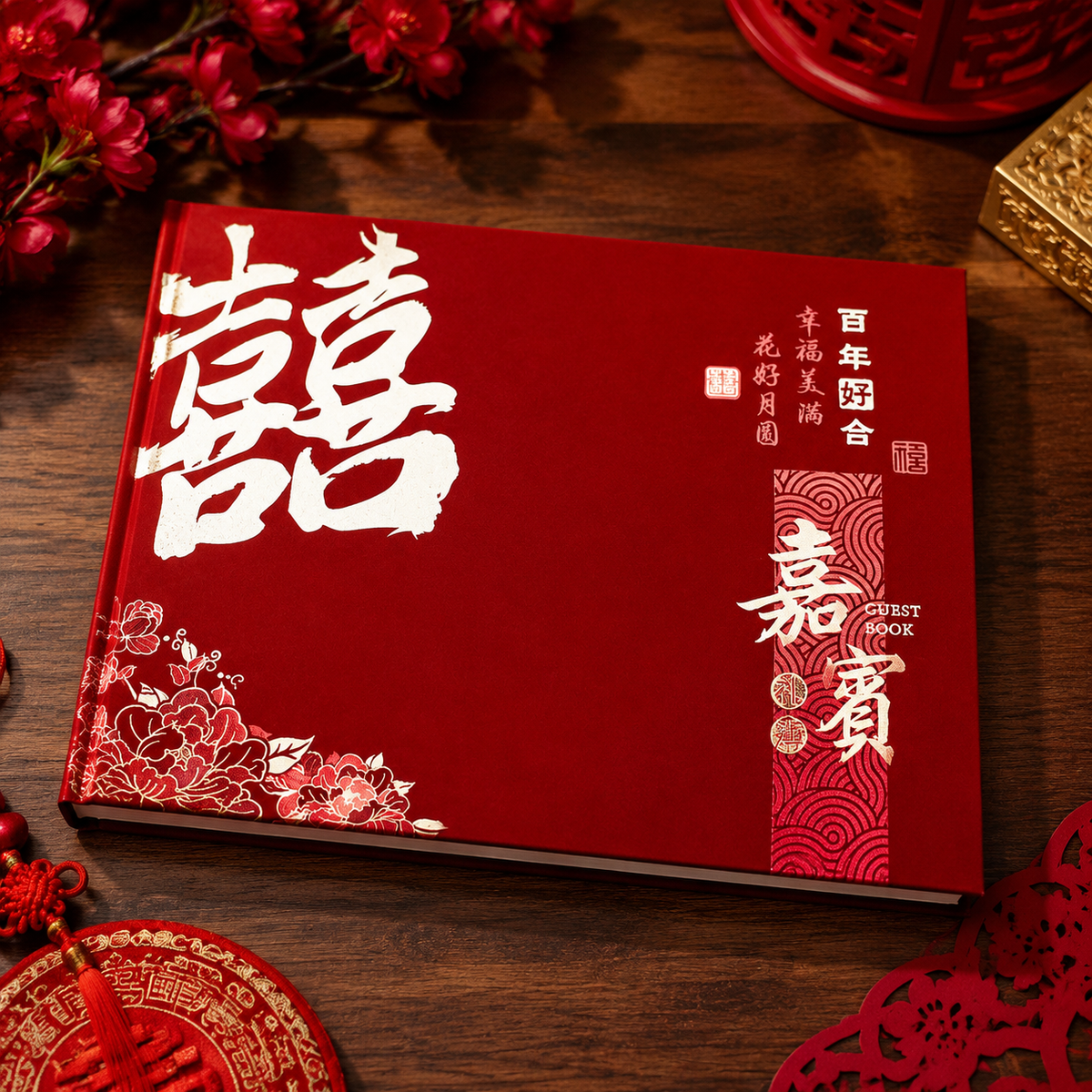 Guest Book, Wedding Reception, 384 Names Capacity, Red, Velvet, Stylish, Wedding