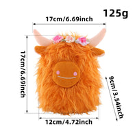 Orange Shaggy Stuffed Cow Faux Fiber Highland Cow Stuffed Farm Animal Plushie Embroidered Floral