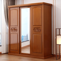 Chinese Solid Wood Wardrobe with Sliding Doors and Mirror - Large Storage Cabinet