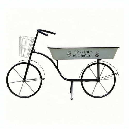 Two-Wheeled Plant Stand Standing Bike Design Planter Black Coated Planter with Basket for Porch