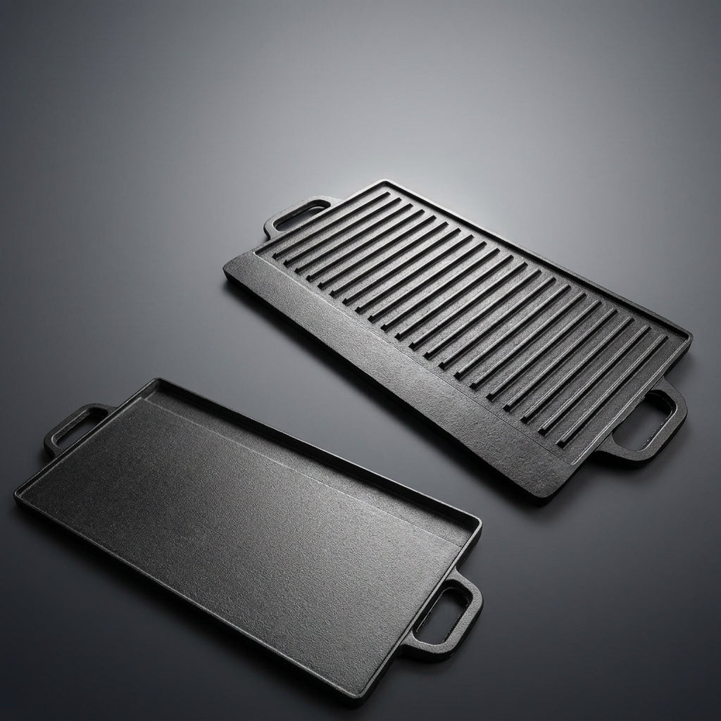 BBQ Grill and Griddle Pan for Outdoor Cooking, Heavy Duty Cast Iron Barbecue Grill with Striped Surface, Double-Sided Camping Griddle